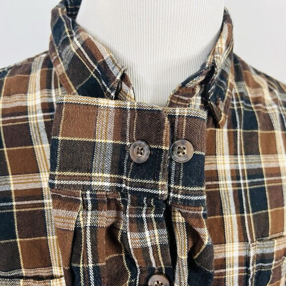 Duluth Trading Co Large Flannel Work Shirt Brown Black Plaid Button Down Cotton - Picture 4 of 5